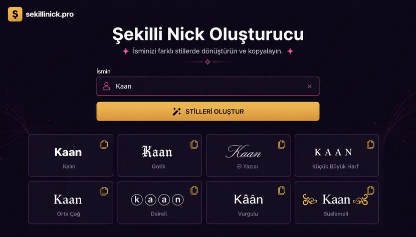 Kaan isminin kalın, gotik, el yazısı, daireli ve süslemeli olmak üzere sekiz farklı stildeki görünümü